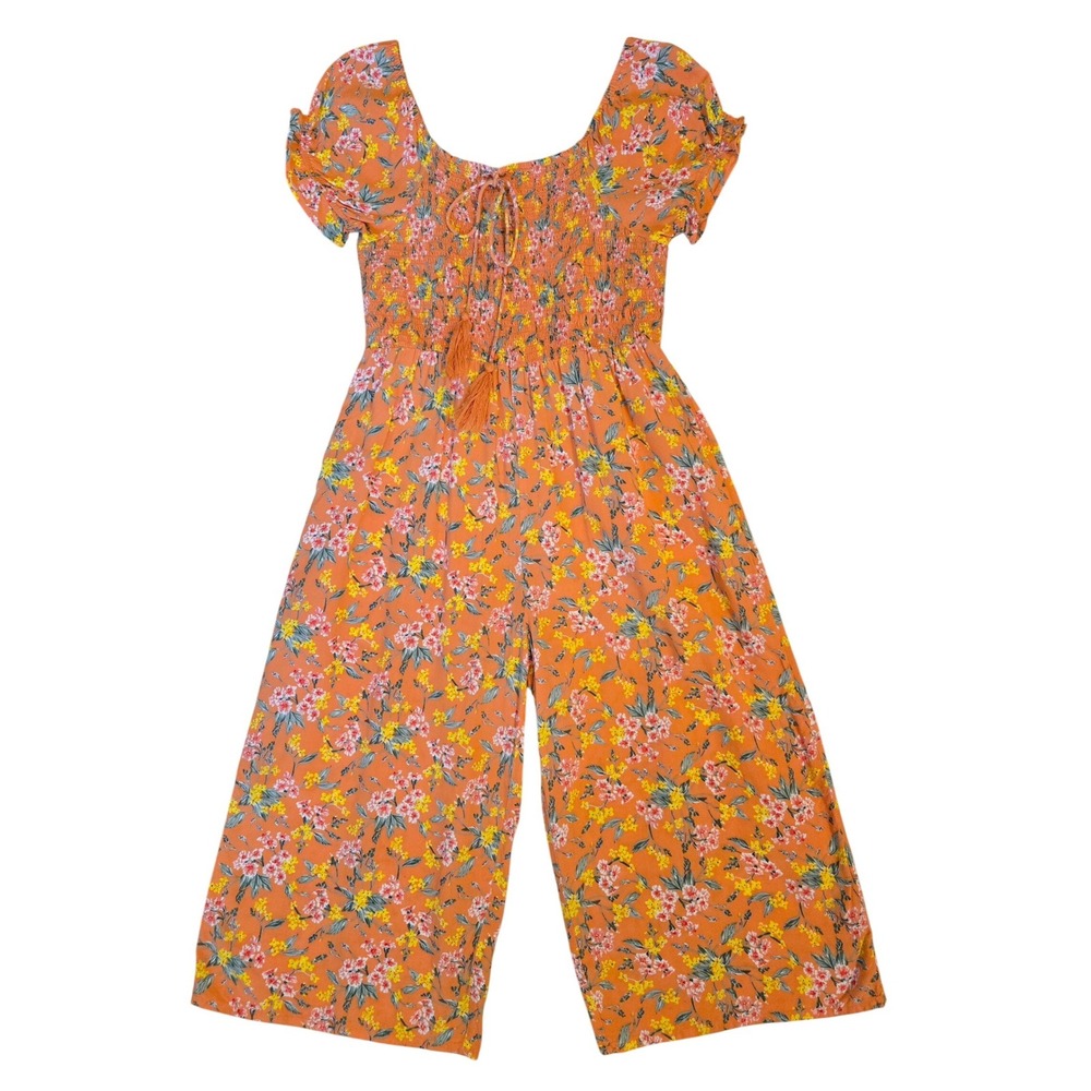 Falling Flower Boho Gypsy Orange Floral Smocked Cropped Jumpsuit Womens XL Rayon